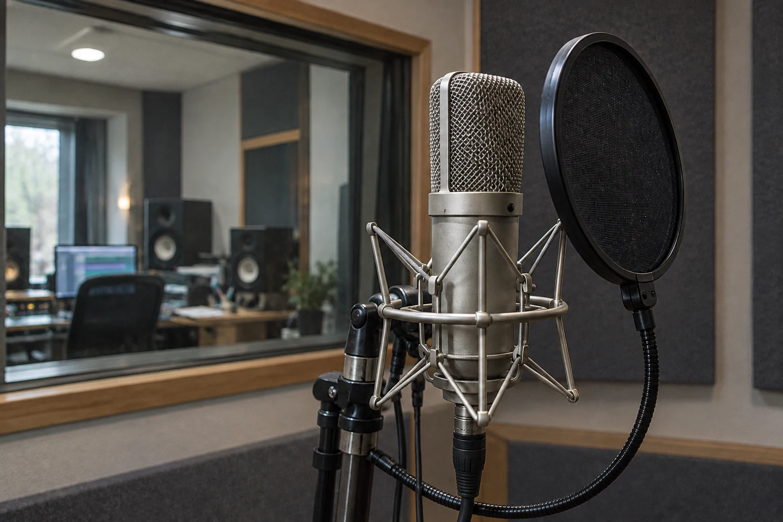 Microphone et filtre anti-pop dans une cabine d’enregistrement